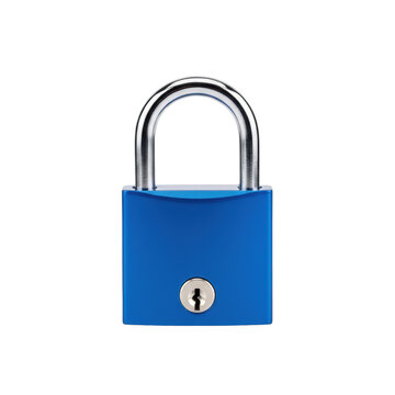 Modern heavy-duty padlock with a glossy sapphire blue body and polished chrome steel shackle standing on a white background, concept of high-end security