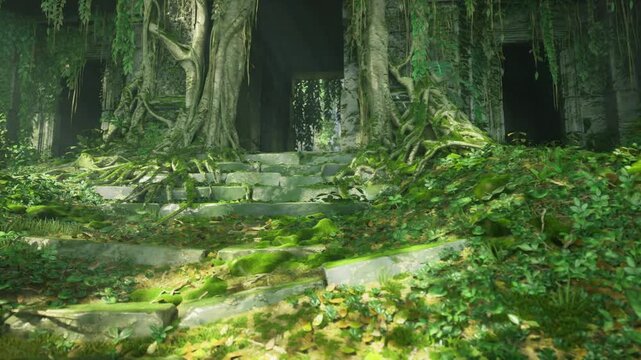 overgrown mossy stone temple entrance hidden in sunlit rainforest clearing, thick vines drape weathered steps and carved lintel tranquil atmosphere perfect