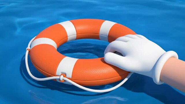 Cartoon hand uses a life ring to rescue someone in blue swimming pool water during summer time