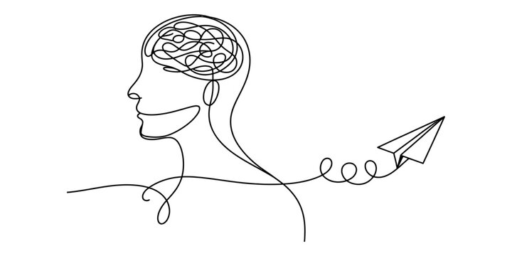A single continuous line drawing of a human profile with a brain and a flying paper airplane trail Vector, illustration