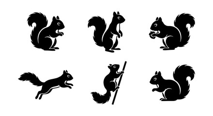 Obraz premium Black squirrel silhouette collection, set of 6 forest animal vector icons, minimalist wildlife rodent illustrations for nature branding and logos
