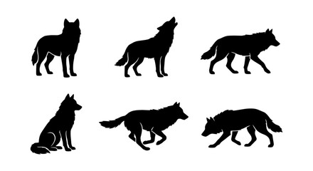 Wolf silhouette collection, 6 black wild animal vector elements, howling and running timber wolf set, predatory forest canine icons for logo design © Nilufa
