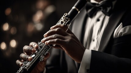 Fototapeta premium Dramatic Close up Clarinet Player Performance with Elegant Tuxedo Style