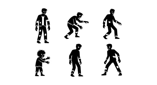 Zombie silhouette collection, 6 walking undead character icons, spooky halloween monster silhouettes, black and white horror vector set