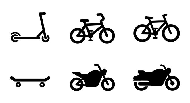 Minimalist transport icons set, black silhouette bicycle and motorcycle vector elements, urban mobility scooter and skateboard symbols for maps