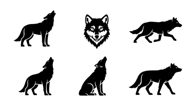 Black wolf silhouette vector set, howling wolf and predator head icons, 6 wild animal elements for outdoor logos and wilderness branding