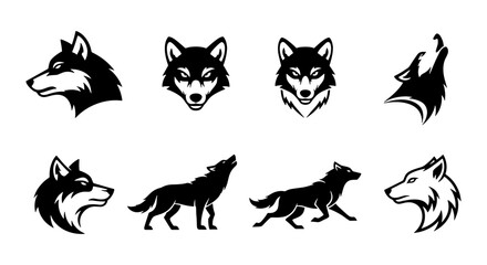 Wolf head mascot and silhouette collection, 8 black and white wolf icons, howling and running wild animal vector set for sports team logos © Nilufa
