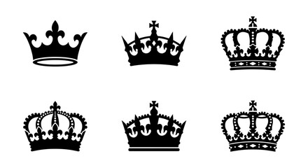 Royal crown silhouette collection, set of 6 black heraldic crowns, majestic monarch headwear icons, vintage imperial coronet vector elements © Nilufa