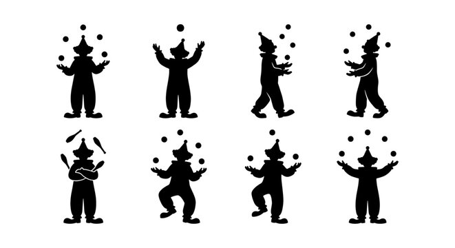 Circus clown silhouette icons, set of 8 juggling entertainer vector graphics, black jester figures performing with balls and clubs for carnival events
