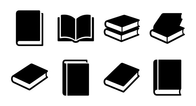 Minimalist book icon set, 8 black vector silhouettes of textbooks and literature, library and education symbols for web design and publishing