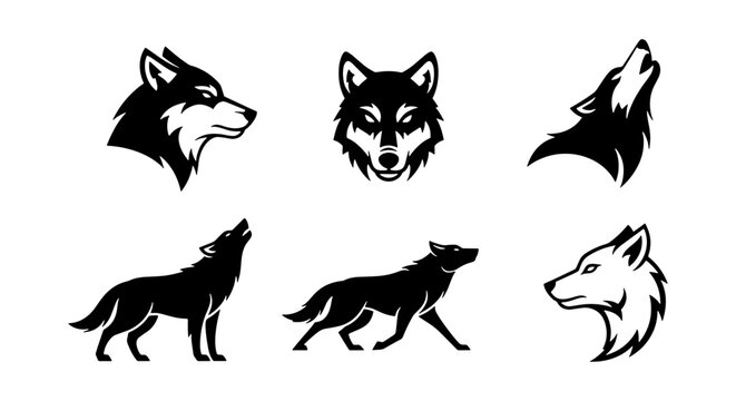 Wolf head mascot and silhouette collection, 6 black vector wolf icons, howling wild animal logo set, minimalist predator canine illustrations