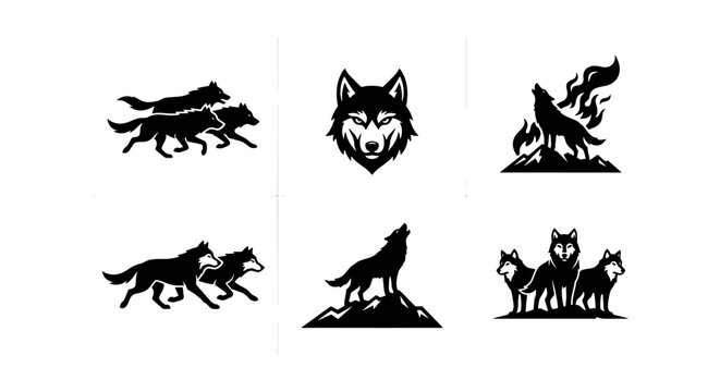 Wolf logo collection, black silhouette wolf icons set of 6, howling wild animal vectors, minimalist predator mascot symbols for branding