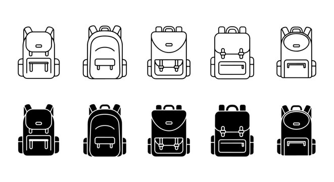 Minimalist backpack icon set, 10 school bag vector elements in line and silhouette styles, travel rucksack symbols for education and hiking apps