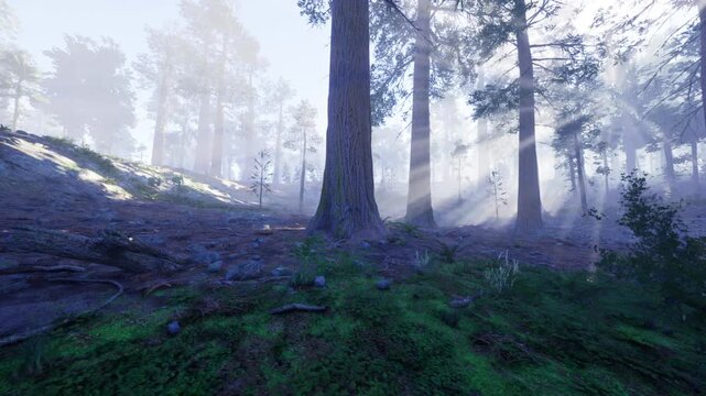 Ethereal fog filled forest, pale rays slicing through tall trunks, silhouettes of ancient trees emerging in cold blue light, mossy floor and lingering silence
