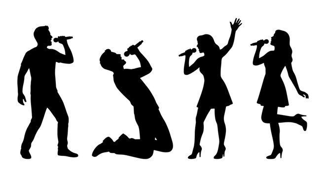 Black silhouettes of singers with microphones, set of male and female vocalists performing, musical artist silhouettes for concert posters and karaoke events