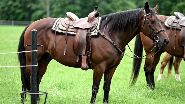 Beautiful brown horse with saddle standing in a green field on a sunny day.