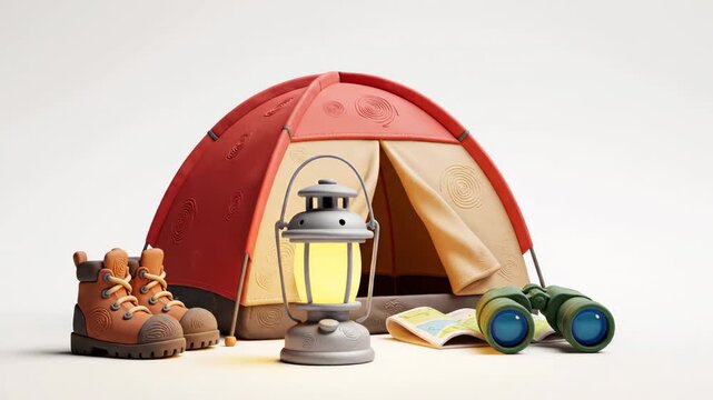 Stylized camping equipment animation with tent,lantern,boots,binoculars and map on a white background
