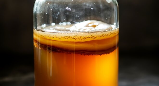 Detailed texture of a glass jar with kombucha, floating scoby, bubbles, healthy fermentation