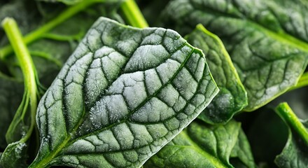 Fototapeta premium Macro shot of frozen spinach leaves, dark green texture with crystalline ice structures, healthy organic storage