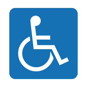 Blue and white wheelchair accessibility symbol on a square background