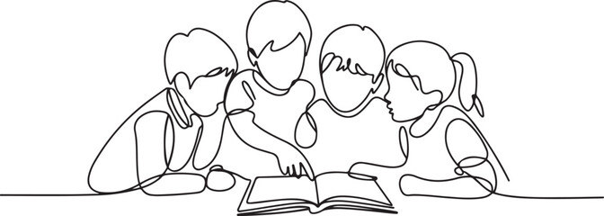 continuous line drawing of group of children reading book together.one line drawing for education, knowledge concept. one line Icon drawing