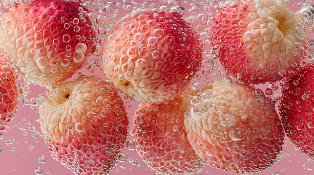 Fresh lychee fruits submerged in sparkling water with bubbles on pink background in vibrant tropical food composition