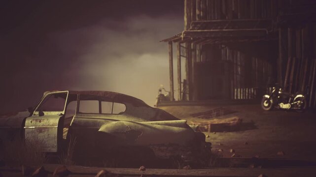 Corroded coupe side profile against dilapidated wooden structure, flaking paint and exposed framework reveal layers of history with dusty foreground and moody