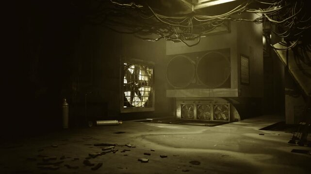 Abandoned control room under skylight, cracked floor, scattered debris and footprints, broken monitor, eerie yellow glow, haunting empty atmosphere