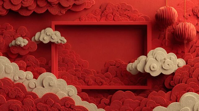 Luxurious festive Asian background featuring textured red clouds, delicate Chinese lanterns, and a central ornate empty frame for design and commercial use
