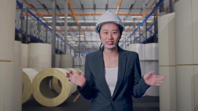 Front View of Asian Businesswoman Walking and Speech at Warehouse with Rows of Stacked White Polymer and Paper Rolls