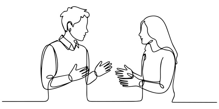 Two people having a conversation in a minimalist line drawing style, Single continuous line drawing of two young male and female startup founders have a business talk over soft drink. Business chat. 