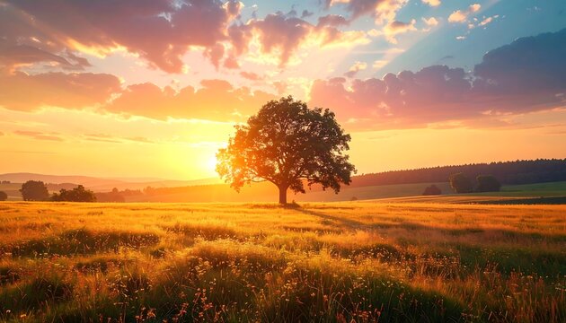Golden sunset illuminates a single tree in a grassy field with scattered clouds & light rays in the sky