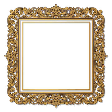 Ornate Gold Square Frame with Acanthus Leaves and Scrollwork - Isolated on White