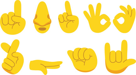 Hand gesture emoji set, yellow cartoon hands showing signs and symbols, communication vector illustration collection
