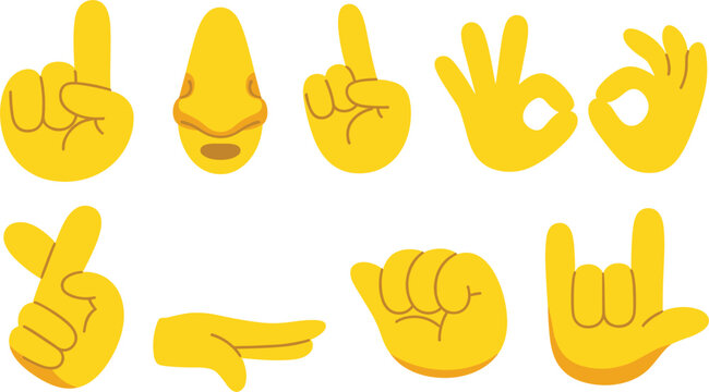 Hand gesture emoji set, yellow cartoon hands showing signs and symbols, communication vector illustration collection