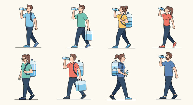 Diverse group of people in sportswear carrying large water bottles and drinking to stay hydrated while walking outdoors.