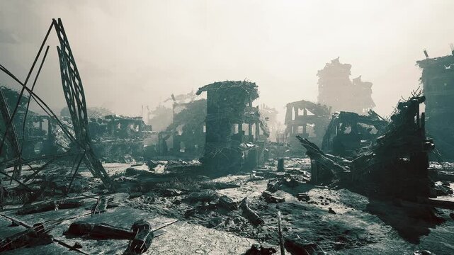 Scarred city core with collapsed towers and twisted steel, ashfilled air and distant broken infrastructure, heavy sense of conflict aftermath.