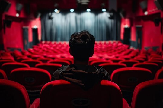 Young man enjoying a film in an empty movie theater, experiencing the magic of cinema in solitude