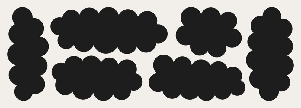 Fluffy Label Shapes Set. Cute Scallop Border with Fluffy Cloud Edges Forms in Black Color. Vector Cartoon Bubble Frames for Banner, ScrapBook, Lables, Copy Past Text, Background.