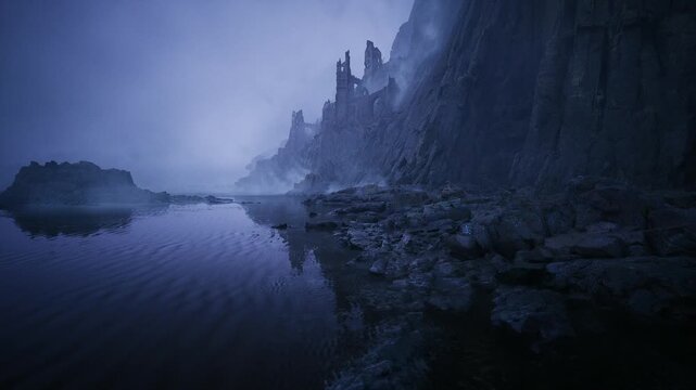 fogbound seaside ruin reflected in still tidal pools, cool blue palette, low contrast silhouettes of battlements, eerie maritime calm evoking folklore