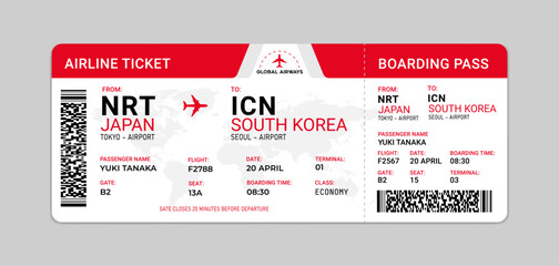 Modern airline ticket or Boarding pass template. Red color airplane ticket design. Air travel concept © StarTemplate
