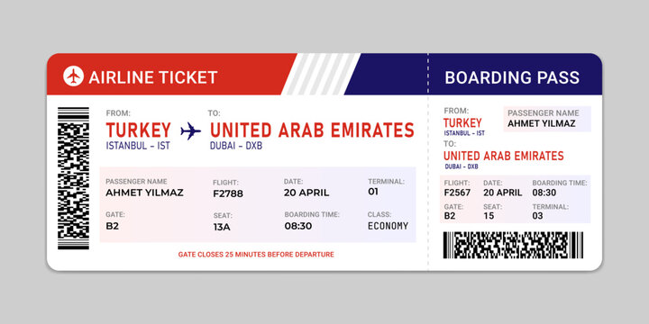 Airline ticket and boarding pass template. Realistic airline flight boarding pass ticket layout with trip concept