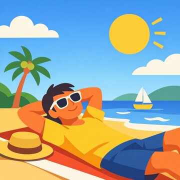 Flat Vector Illustration of a Relaxed Summer Scene with Sun Clouds and a Character Enoying the Outdoors
