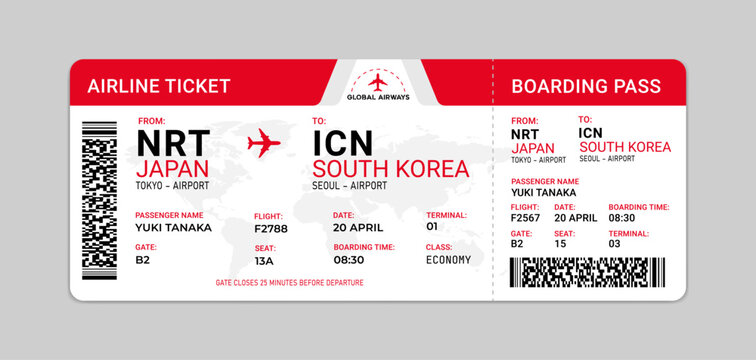 Modern airline ticket or Boarding pass template. Red color airplane ticket design. Air travel concept