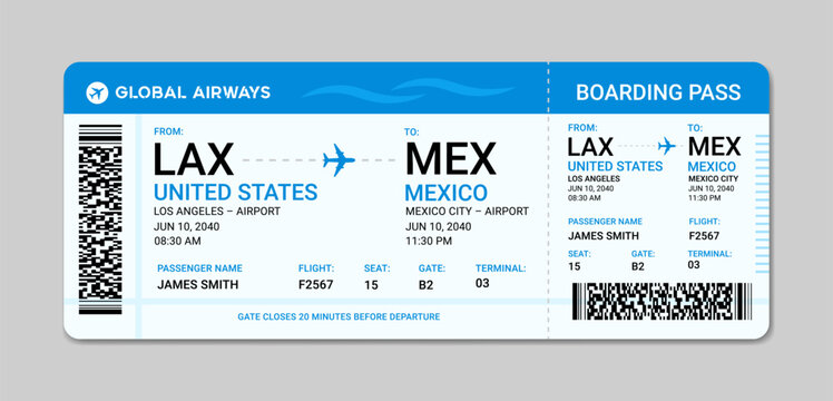 Realistic airline boarding pass template with flight details. Blue and white modern airplane boarding pass vector illustration. Air travel concept