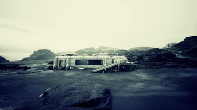 Futuristic modular habitat on barren plain, weathered metal modules linked by external walkway, collapsed stair and scattered debris, surrounding rocky mesas