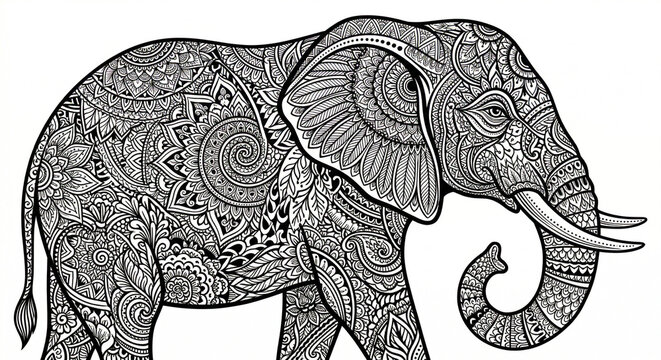 Intricate mandala elephant illustration, zentangle animal art for adult coloring book.