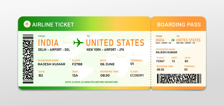 Realistic airline ticket and boarding pass design template for travel and aviation use. International air travel concept
