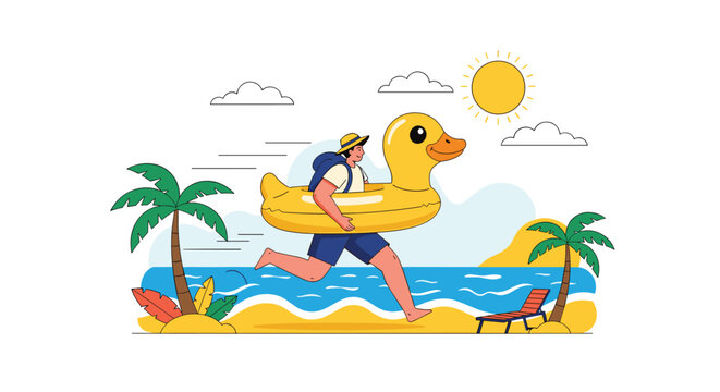 Happy man in summer attire running along a sandy beach with a large yellow inflatable duck floatie under the sun.