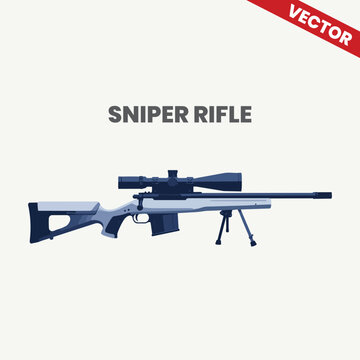 Modern Bolt Action Sniper Rifle with Optical Scope and Bipod Vector Illustration. Precision Long Range Marksman Weapon for Military Special Force Tactical Shooting and Army Defense Operations.
